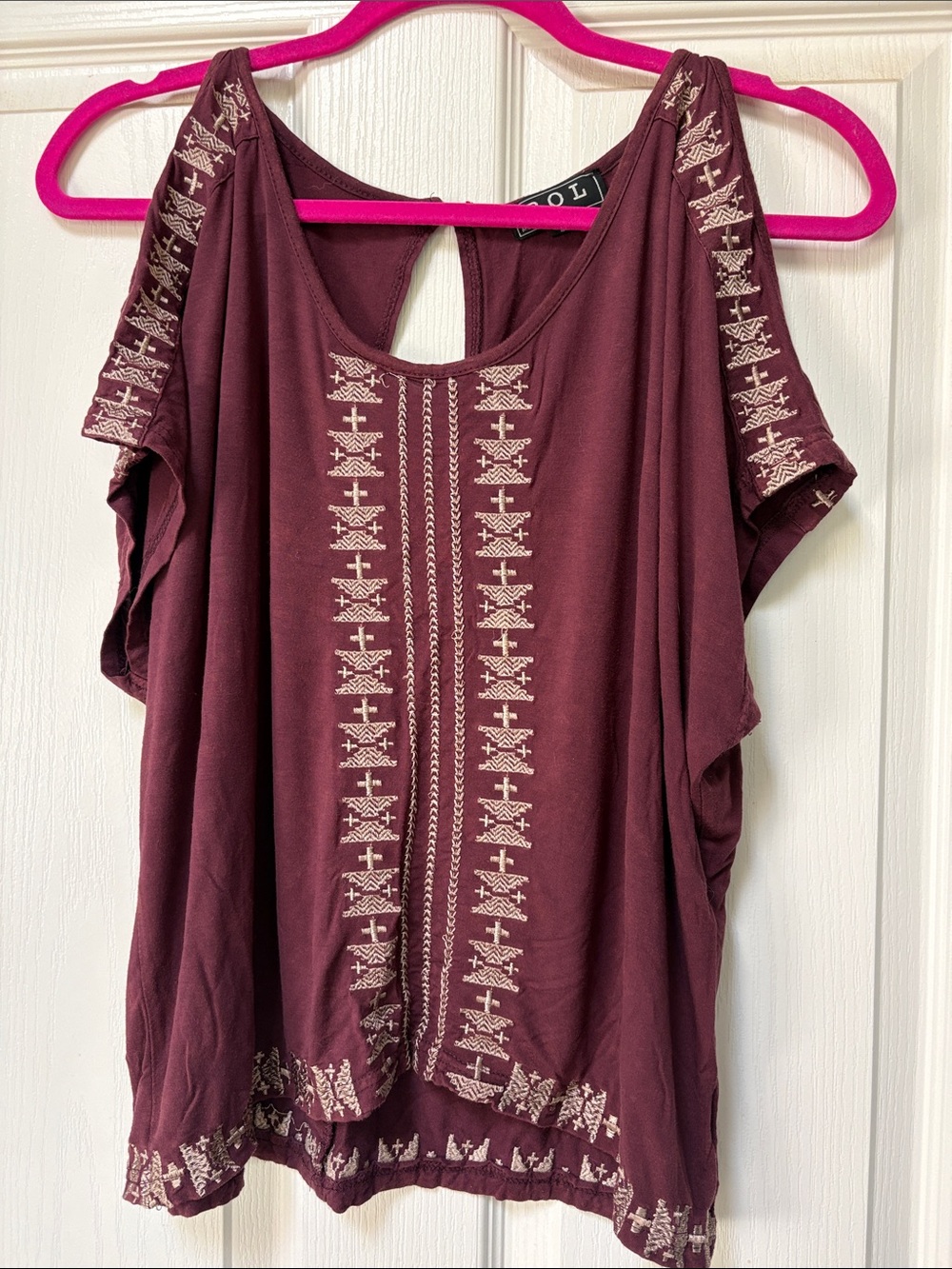 POL Burgundy Short Sleeve Top with Cream Embroidery